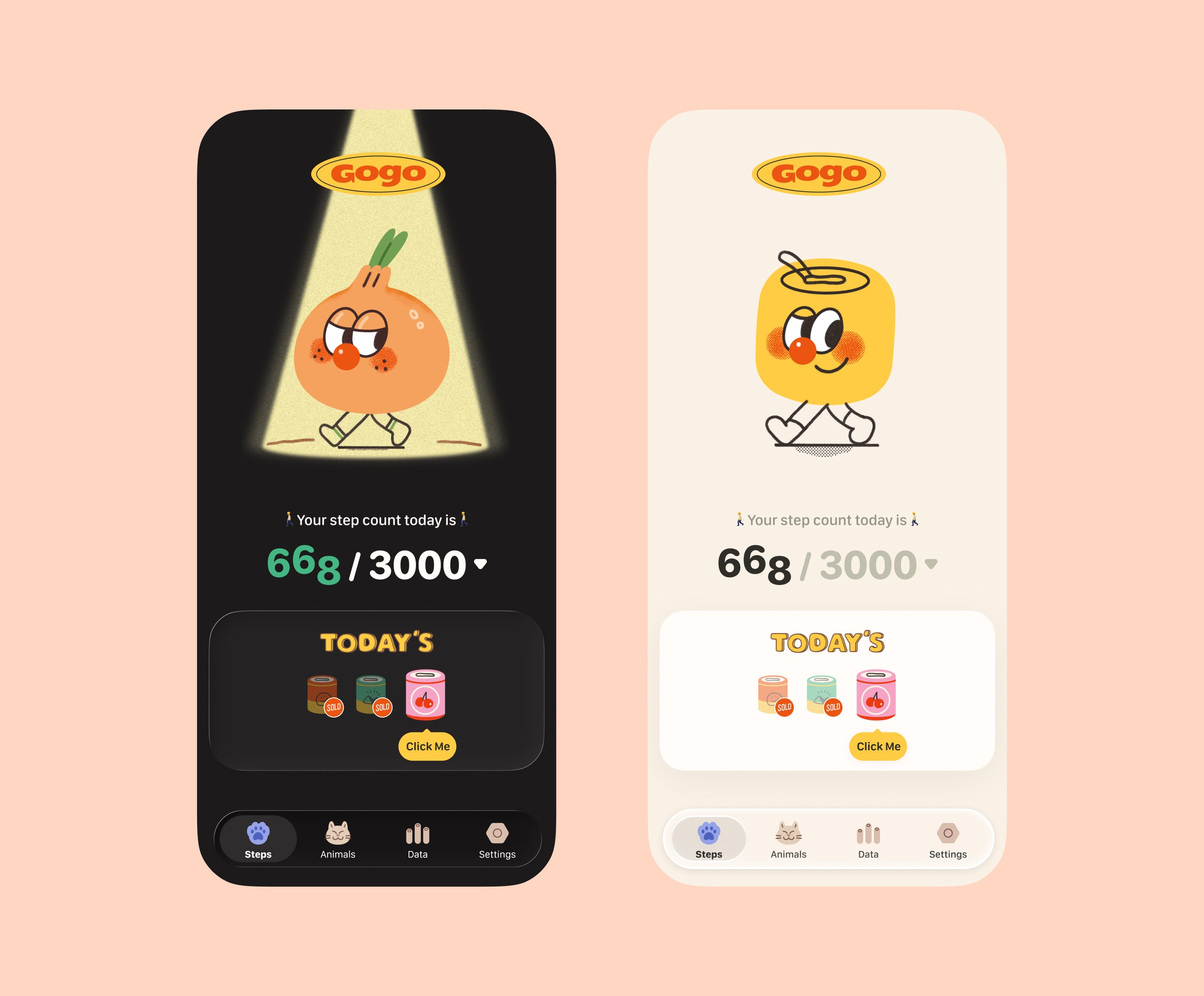 CanGoGoアプリの歩数カウンター画面と動物コレクション画面