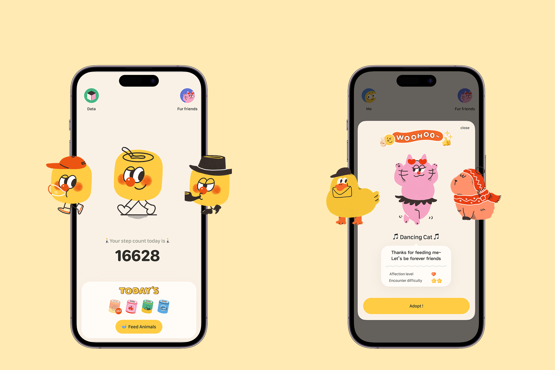 CanGoGoアプリのメイン画面。進行リングと動物のフレンドが表示されている